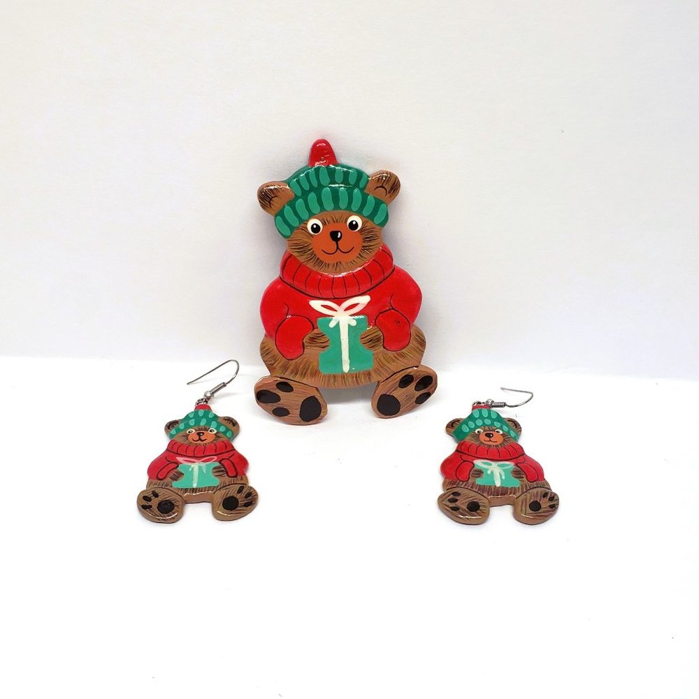 Christmas Bear Jewelry Set 3" Brooch Pin Dangle Earrings Teddy Gift Lot x3